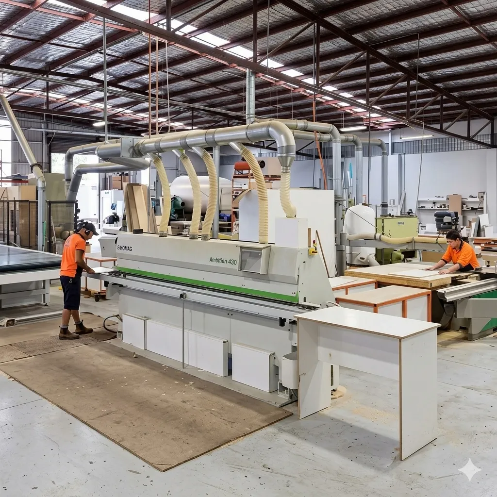 Two workers in hi vis operating panel cutting and edge banding machinery on the factory floor